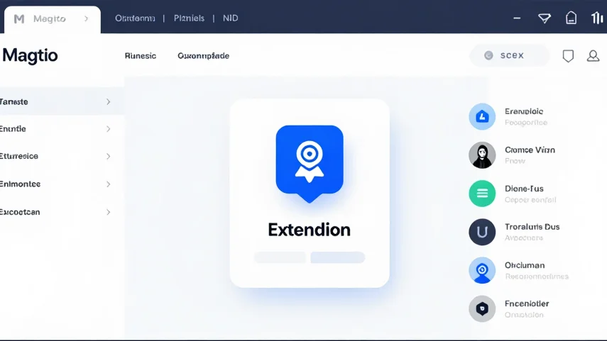 Isometric UI card of a Magento admin dashboard with a highlighted