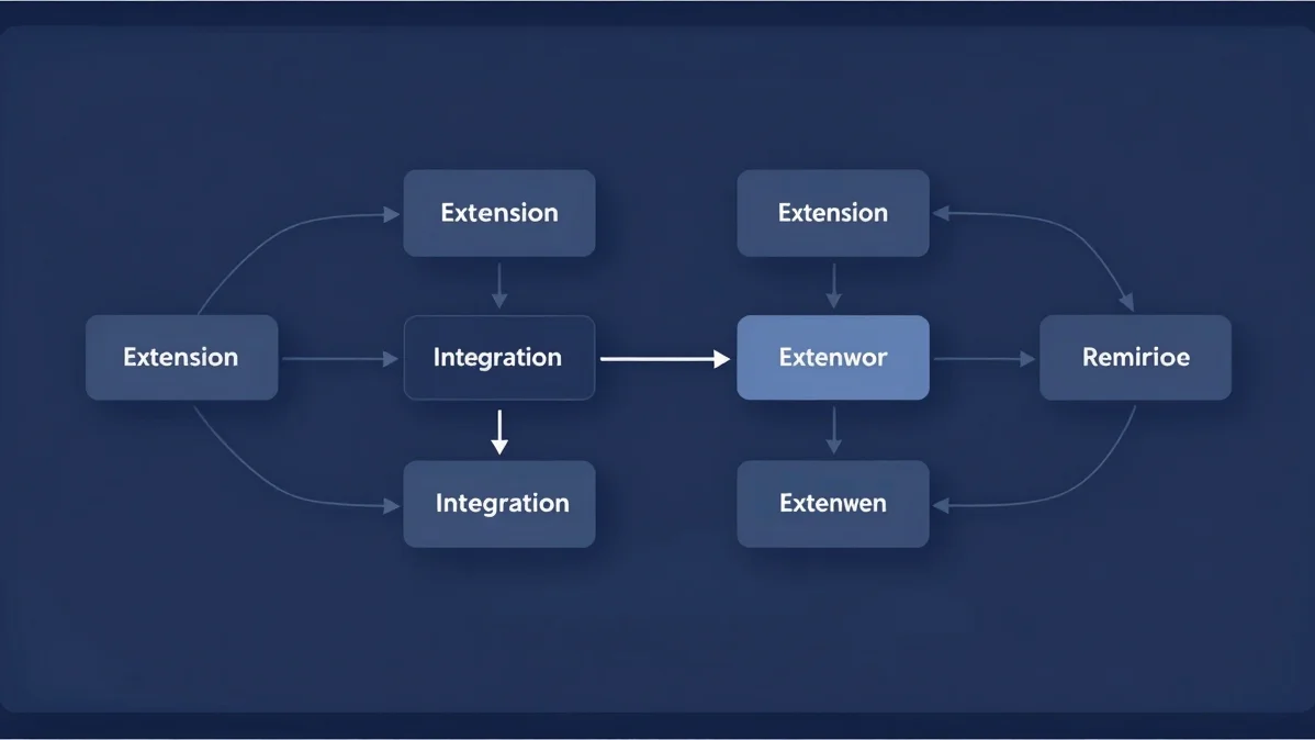 Clean technical diagram showing extension integration workflow, d