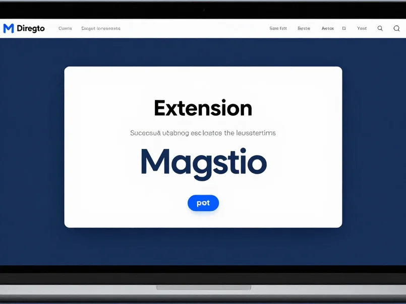 Direct screen mockup of a clean Magento admin dashboard showing successful extension installation status, crisp high-key