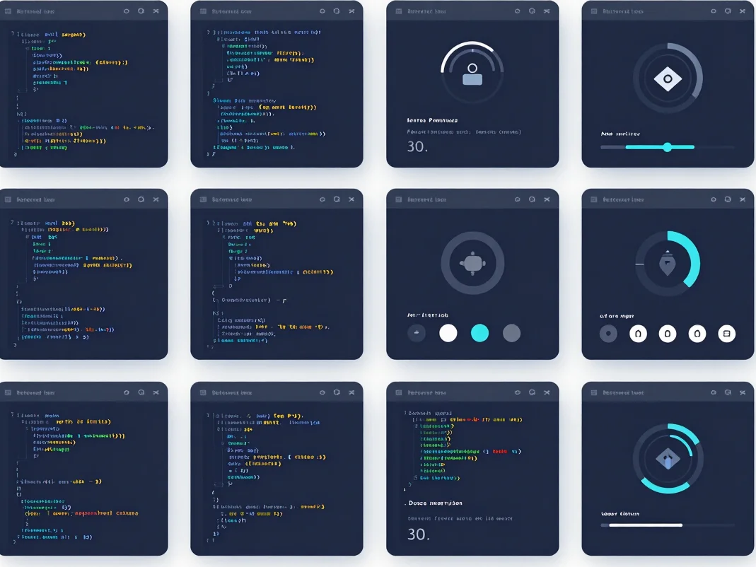 Structured layout grid of technical code auditing metrics and performance scores, crisp vector iconography, cool slate t